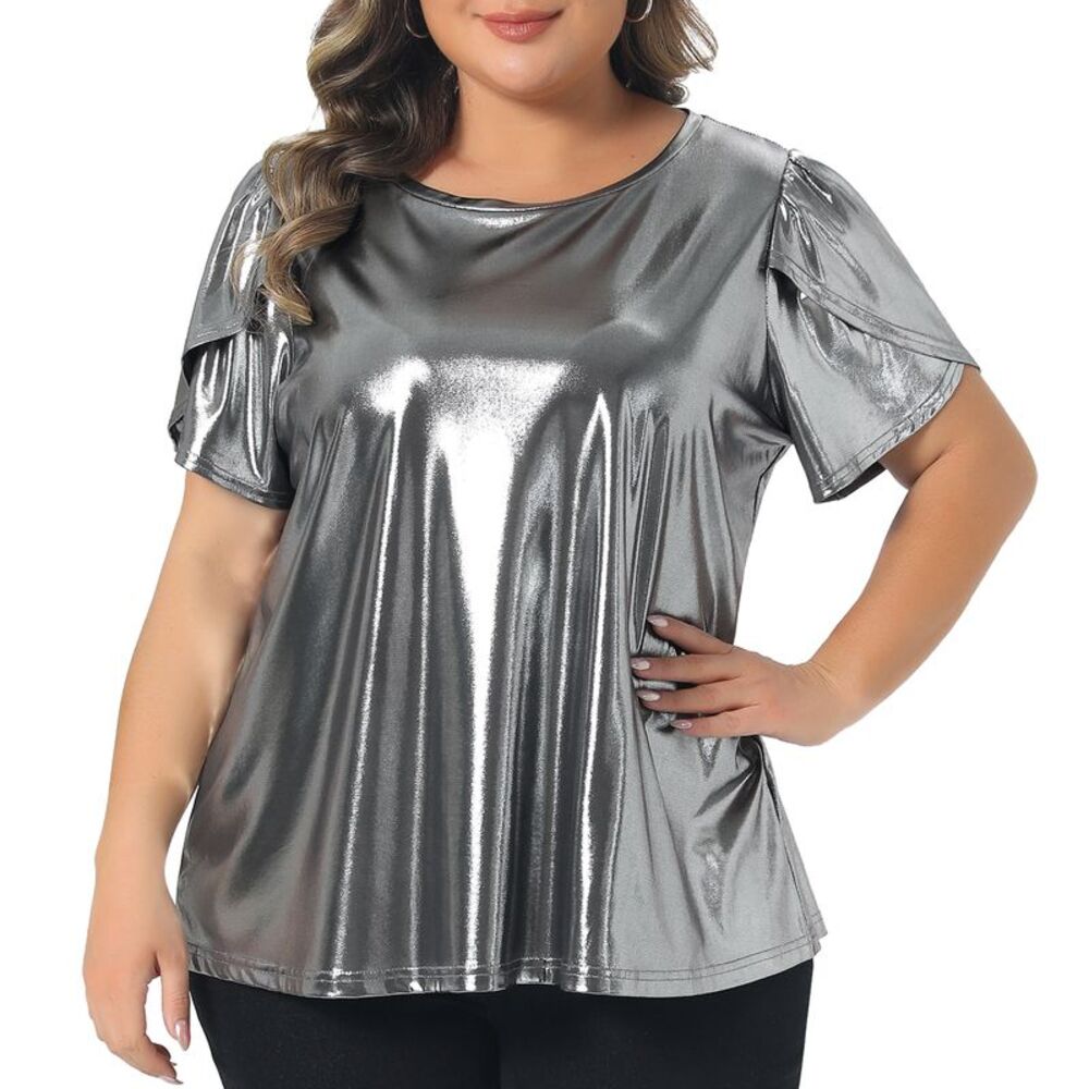 Women Plus Size Metallic Crew Neck Tulip Sleeve Party Top Silver